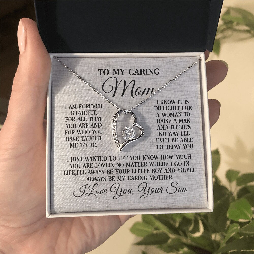 To My Caring Mom, Forever Love Heart necklace 14K white gold & cubic zirconia pendant gift