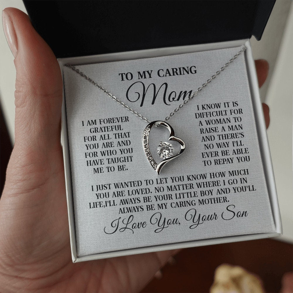 To My Caring Mom, Forever Love Heart necklace 14K white gold & cubic zirconia pendant gift