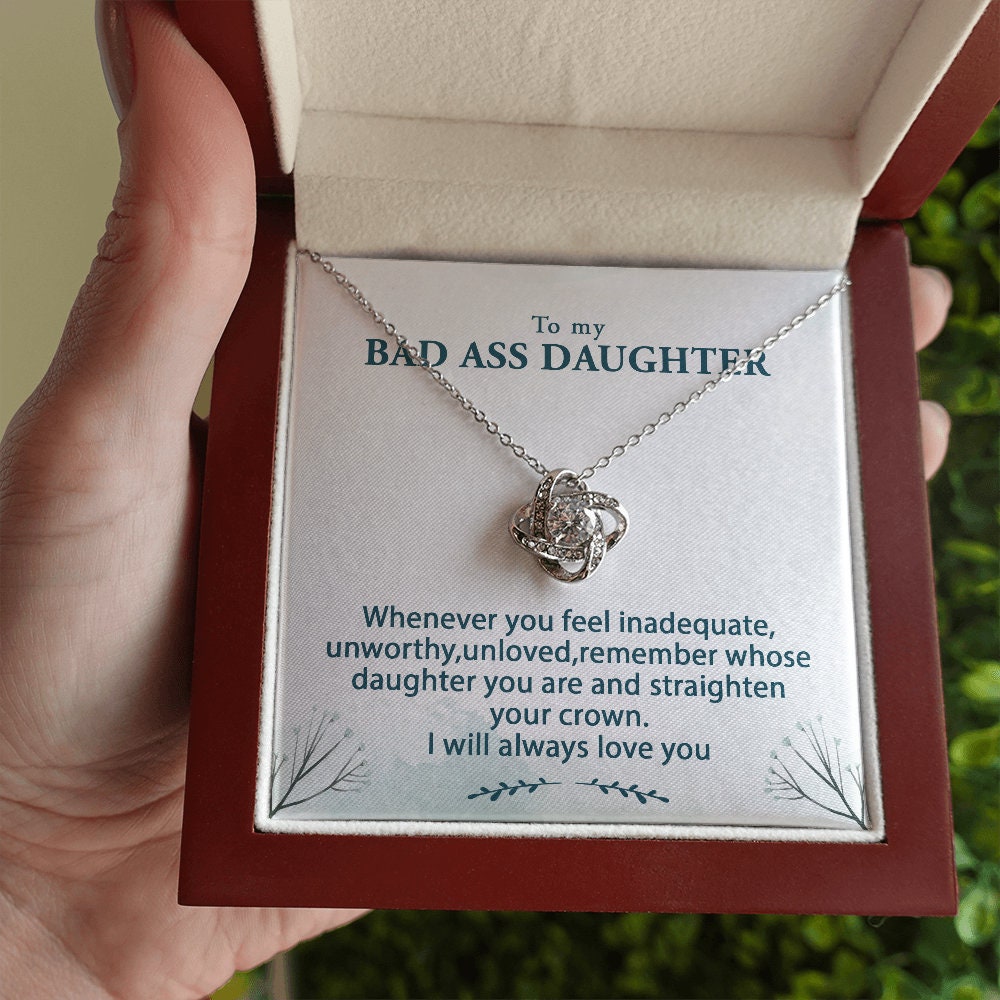 Badass Daughter Love Knot Necklace Gift for Her Cubic Zirconia 14k Gold
