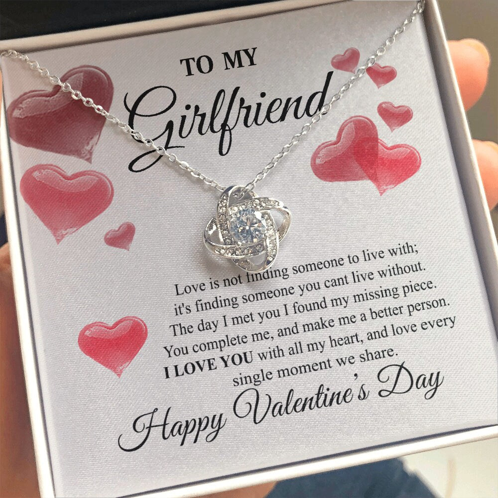 To My Girlfriend, Love Knot Heart necklace 14K white gold & cubic zirconia pendant Valentines gift