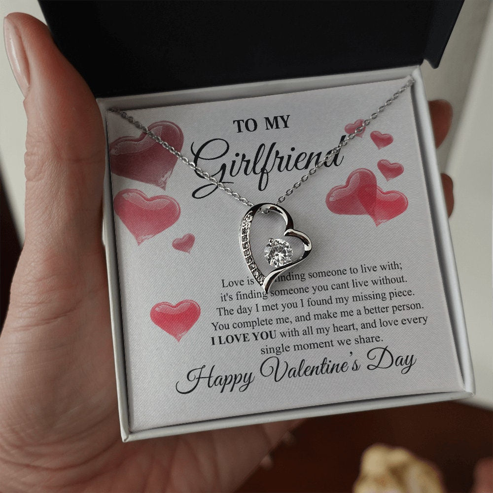 To My Girlfriend, Forever Love Heart necklace 14K white gold & cubic zirconia pendant Valentines gift