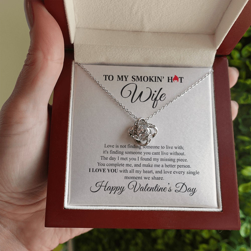 To My Smokin hot Wife, Love Knot Heart necklace 14K white gold & cubic zirconia pendant Valentines gift