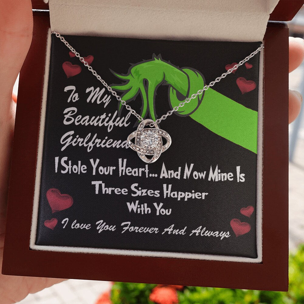 To My Beautiful Wife, Grinch  Love Knot necklace 14K white gold & cubic zirconia pendant Valentines gift
