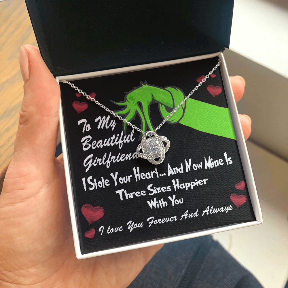 To My Beautiful Girlfriend, Grinch Love Knot necklace 14K white gold & cubic zirconia pendant Valentines gift
