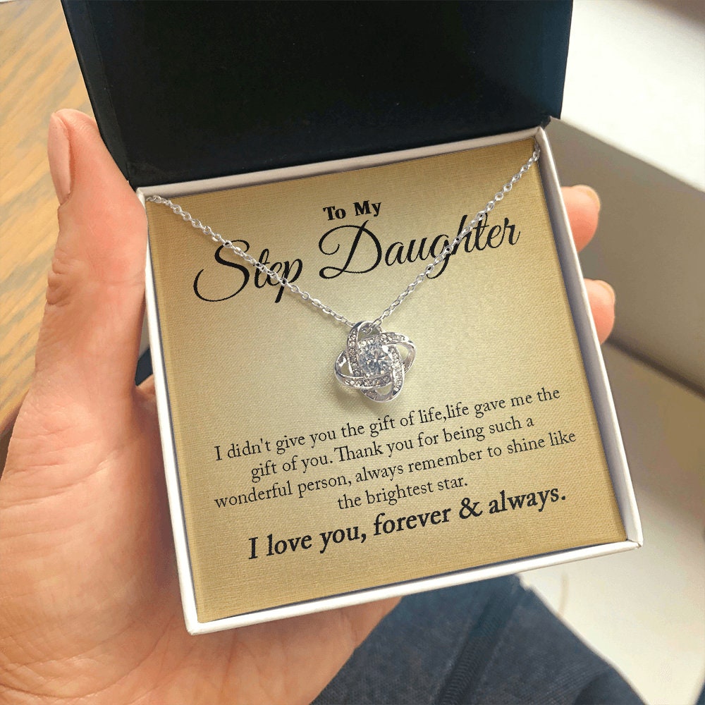 To My Step Daughter, Love Knot necklace 14K white gold & cubic zirconia pendant gift