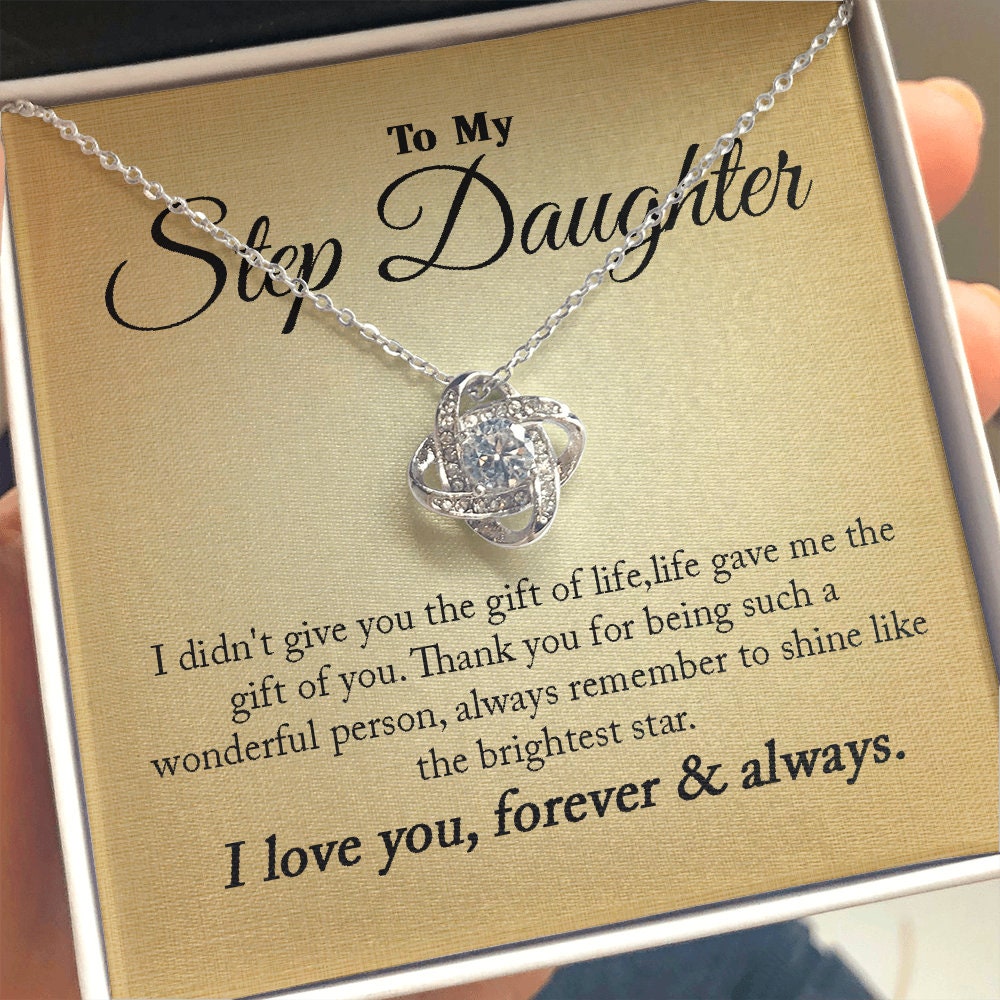 To My Step Daughter, Love Knot necklace 14K white gold & cubic zirconia pendant gift