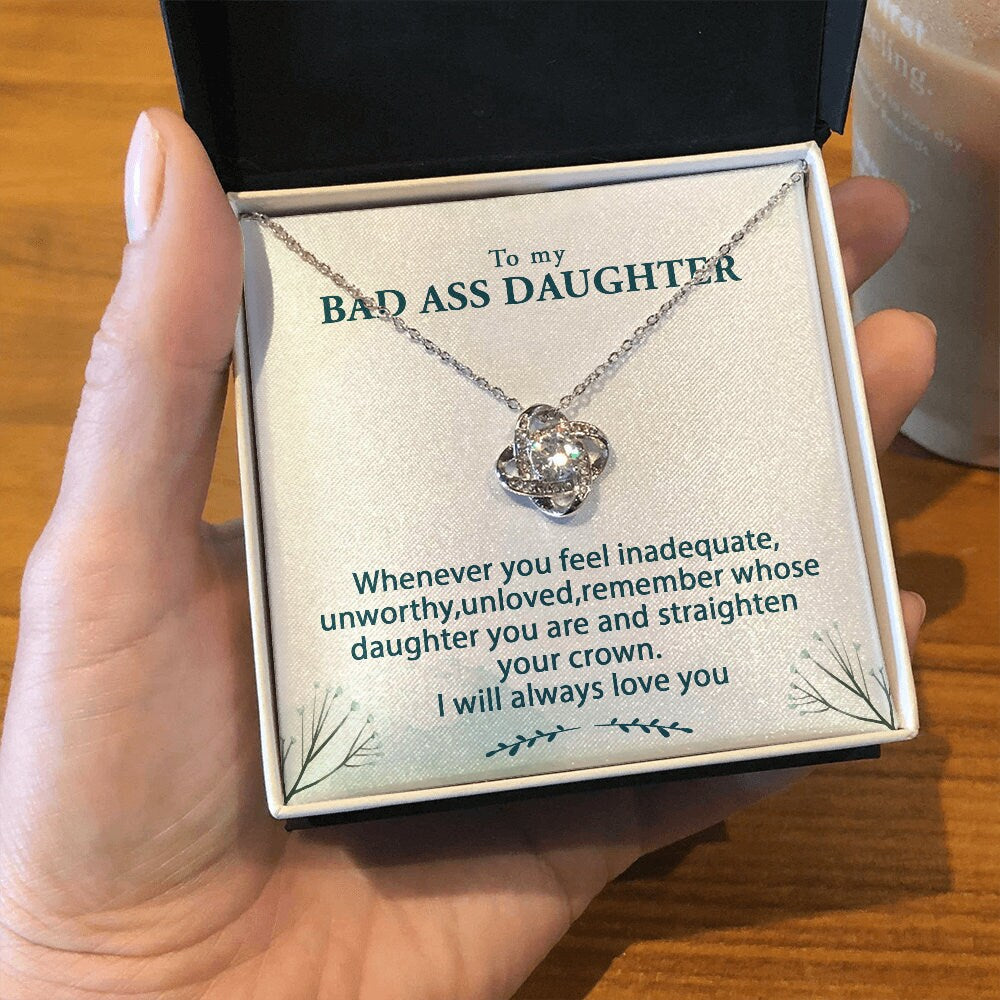 Badass Daughter Love Knot Necklace Gift for Her Cubic Zirconia 14k Gold