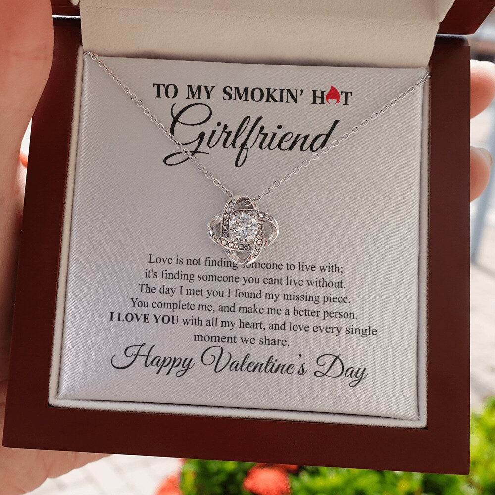 To My Smokin hot Girlfriend, Love Knot necklace 14K white gold & cubic zirconia pendant Valentines gift