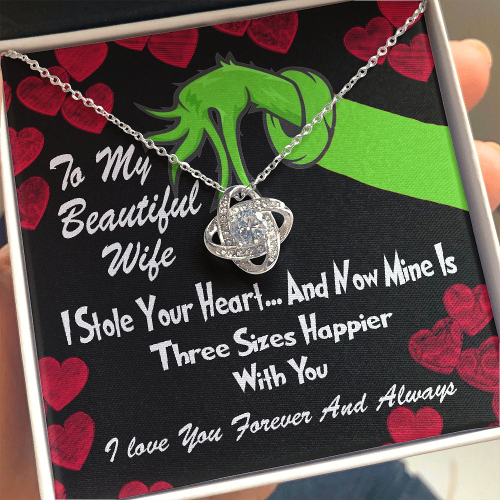 To My Beautiful Wife, Grinch  Love Knot necklace 14K white gold & cubic zirconia pendant Valentines gift