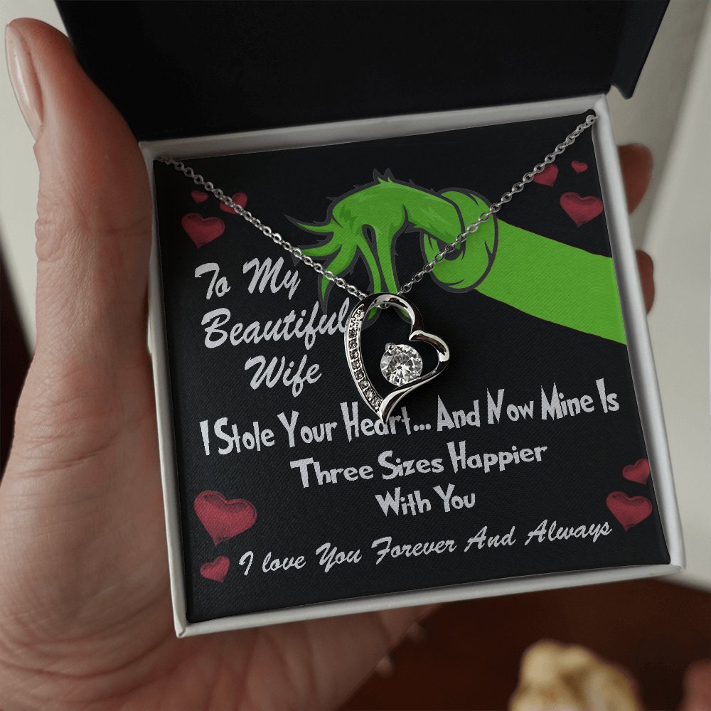 To My Beautiful Wife, Grinch Forever Love Heart necklace 14K white gold & cubic zirconia pendant Valentines gift
