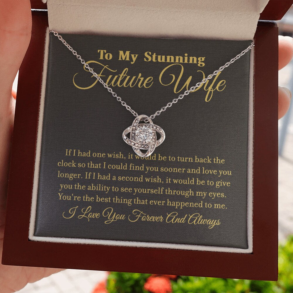 To My Stunning Future Wife, Love Knot necklace 14K white gold & cubic zirconia pendant gift