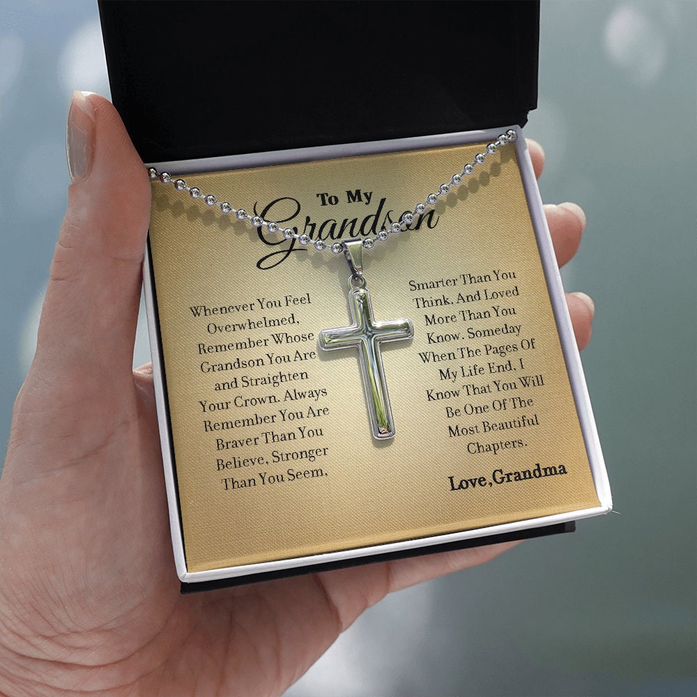 To My Grandson - Feel Strong - Cross Gift Necklace, From Grandma