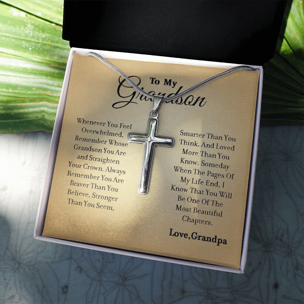 To My Grandson - Feel Strong - Cross Gift Necklace, From Grandpa