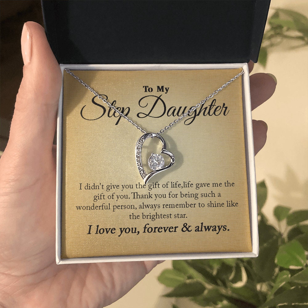 To My Step Daughter, Forever Love Heart necklace 14K white gold & cubic zirconia pendant gift